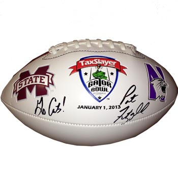 Commemorative Football from the Taxslayer.com Gator Bowl autographed bu Coach Pat Fitzgerald